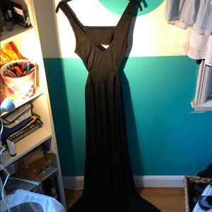 Long black formal dress with open back and v neck